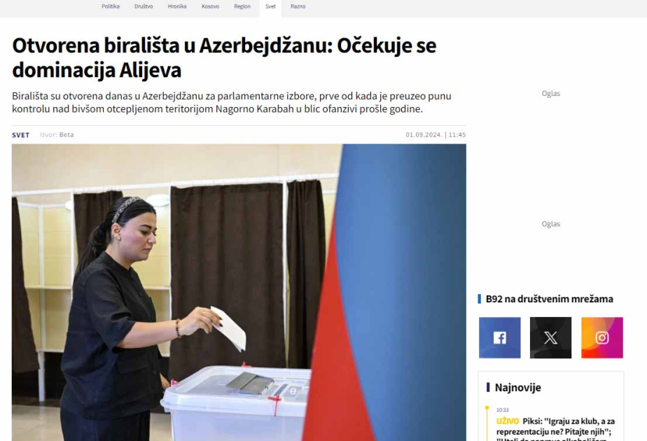 Serbiya mediası Azərbaycandakı parlament seçkilərindən yazıb