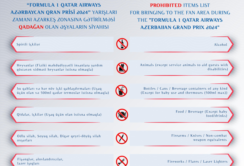 DİN Formula 1 yarışları zamanı azarkeş zonasına gətirilməsi qadağan olunan əşyaların siyahısını açıqlayıb
