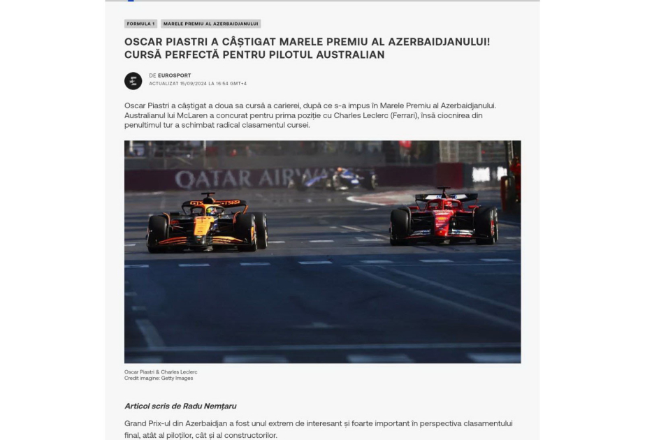 Rumıniya mediası Formula 1 Azərbaycan Qran-Prisini geniş işıqlandırıb