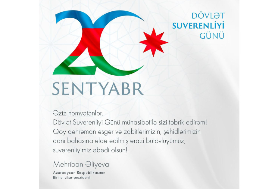 Mehriban Aliyeva partage une publication relative à la Journée de la souveraineté nationale