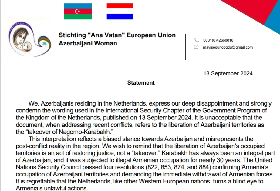Azerbaijani diaspora organizations issue joint statement on Netherlands’ biased position