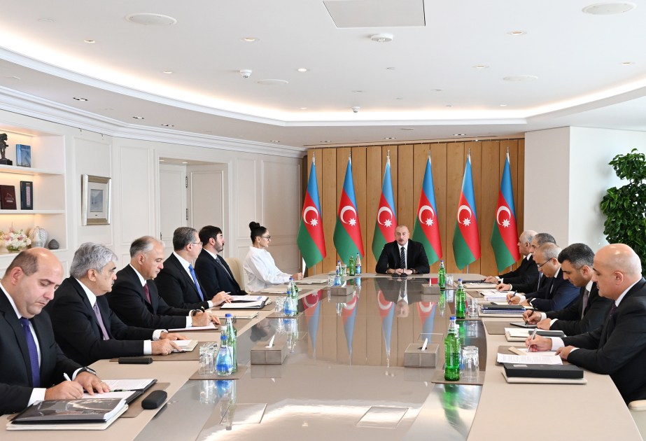 Besprechung über Wirtschaftsangelegenheiten Präsident Ilham Aliyev hält Rede bei der Beratung VIDEO