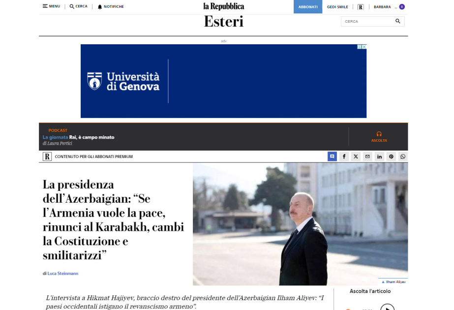 Assistant to the President Hikmat Hajiyev speaks about peace process with Armenia in an interview with Italian newspaper