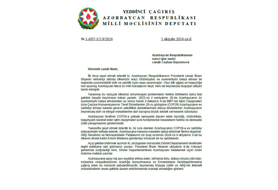 Milli Məclisin bir qrup deputatı xarici işlər naziri Ceyhun Bayramova müraciət edib