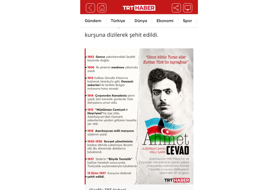 “TRT” xəbər agentliyi Azərbaycan şairi Əhməd Cavad haqqında geniş xəbər hazırlayıb
