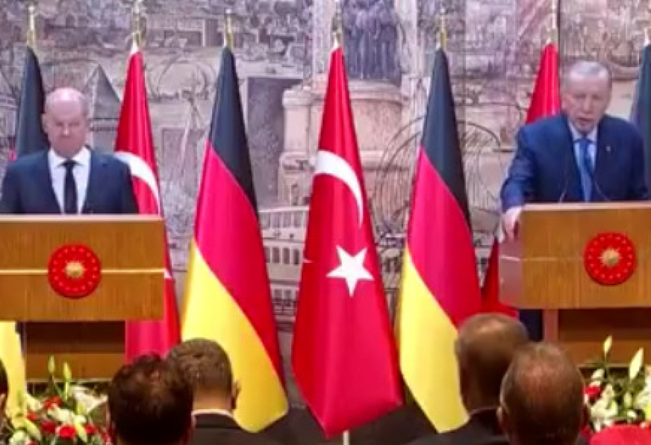 Prezident Ərdoğan Türkiyədə səfərdə olan Almaniya Kansleri ilə birgə mətbuata açıqlama verib