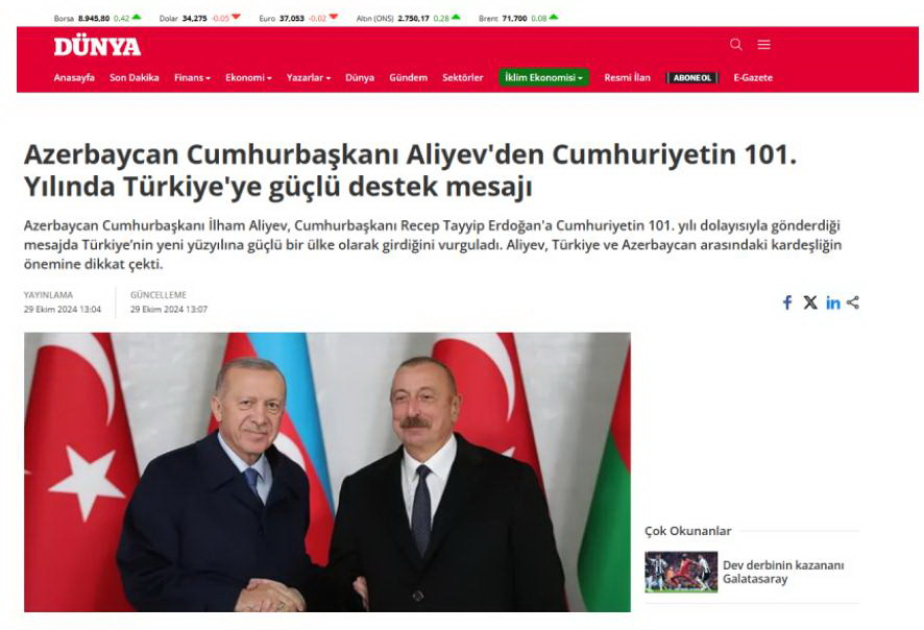 Türkiyə mediası Prezident İlham Əliyevin qardaş ölkənin Respublika Günü münasibətilə təbrikini geniş işıqlandırıb