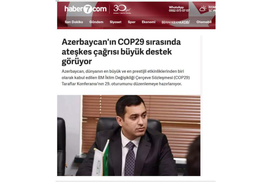 Türkiyə telekanalı: Azərbaycanın COP29 vaxtı barışıq təşəbbüsü dünya ictimaiyyəti tərəfindən dəstəklənir