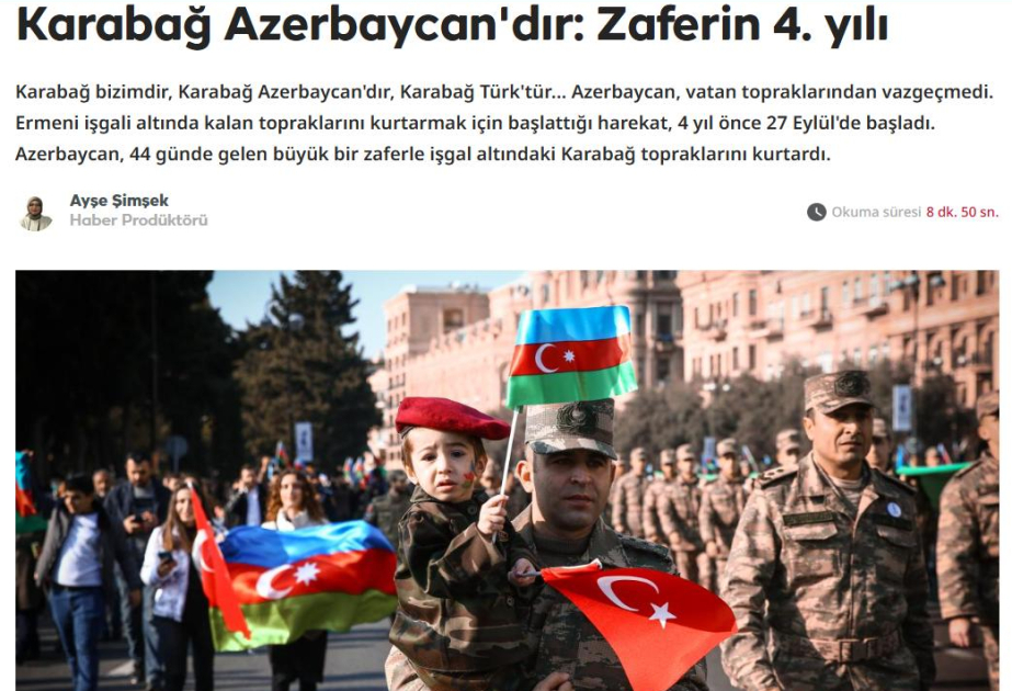 “TRT Haber” telekanalında tamaşaçılara Azərbaycanın 44 günlük müharibədə Zəfərindən bəhs edilib