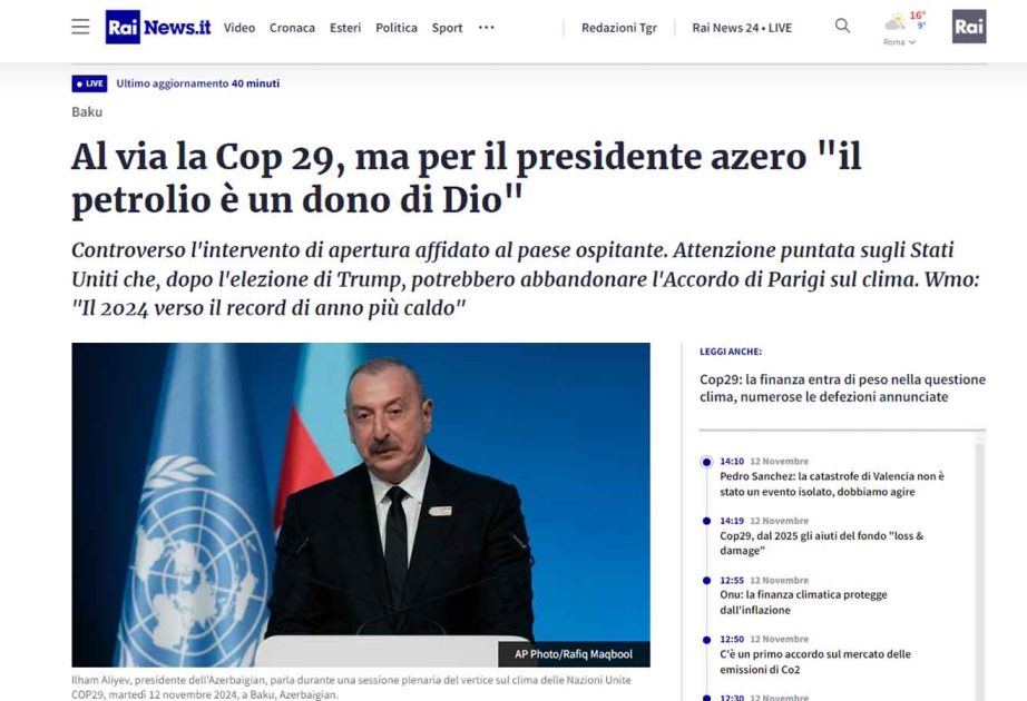 İtaliya mətbuatı COP29-un Liderlər Sammitinin açılış mərasimini geniş işıqlandırıb