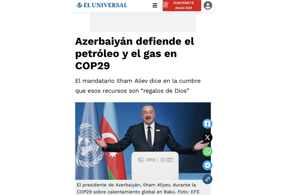 Azərbaycan Prezidentinin COP29 zamanı çıxışı Meksika mətbuatında işıqlandırılıb