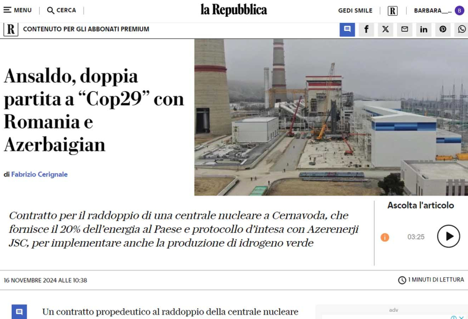 İtaliya saytları “Ansaldo Energia” ilə Azərbaycan qurumlarının əməkdaşlığından yazıb