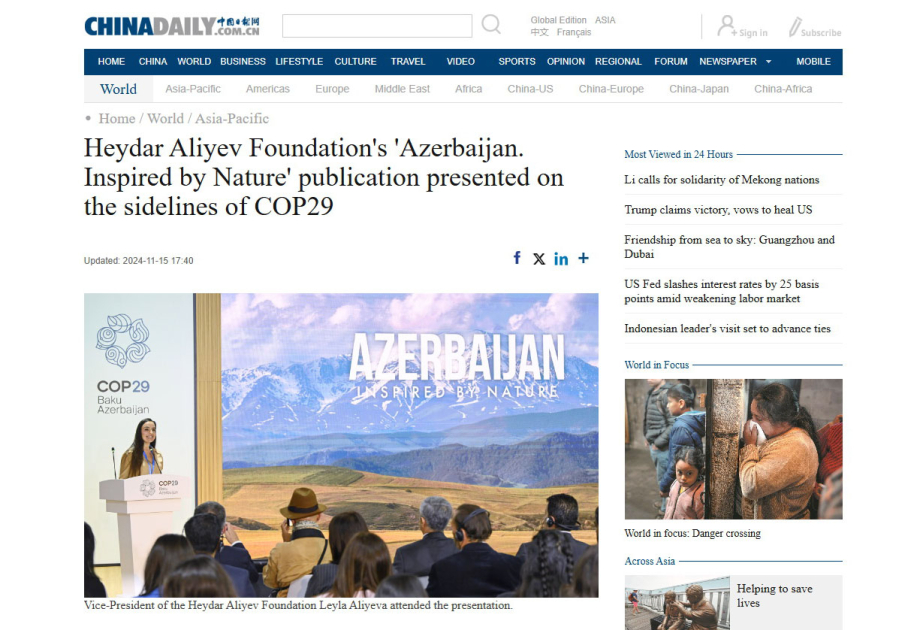 “China Daily” qəzeti Heydər Əliyev Fondunun “Azərbaycan. Təbiətin sehrində” nəşrinin təqdimatından yazıb