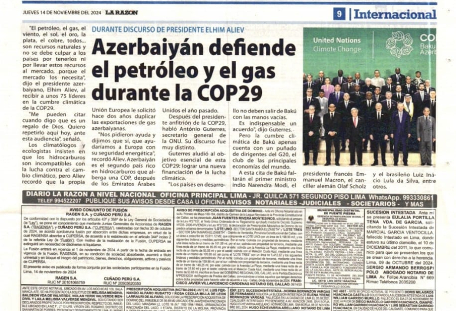 Prensa peruana escribe sobre la COP29 celebrada en Azerbaiyán