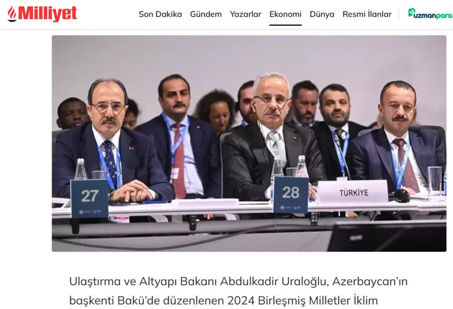 “Milliyet”: COP29-da Türkiyənin nəqliyyatda istixana qazları emissiyalarının sıfırlanması hədəfləri açıqlanıb