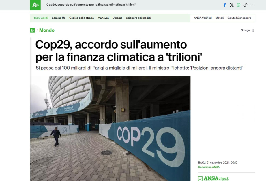 İtaliya mediası COP29-u işıqlandırmaqda davam edir