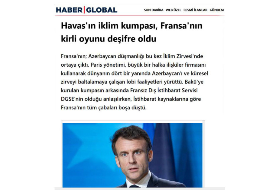 “Haber Global”: Fransanın Azərbaycana düşmən münasibəti COP29 fonunda da özünü büruzə verdi