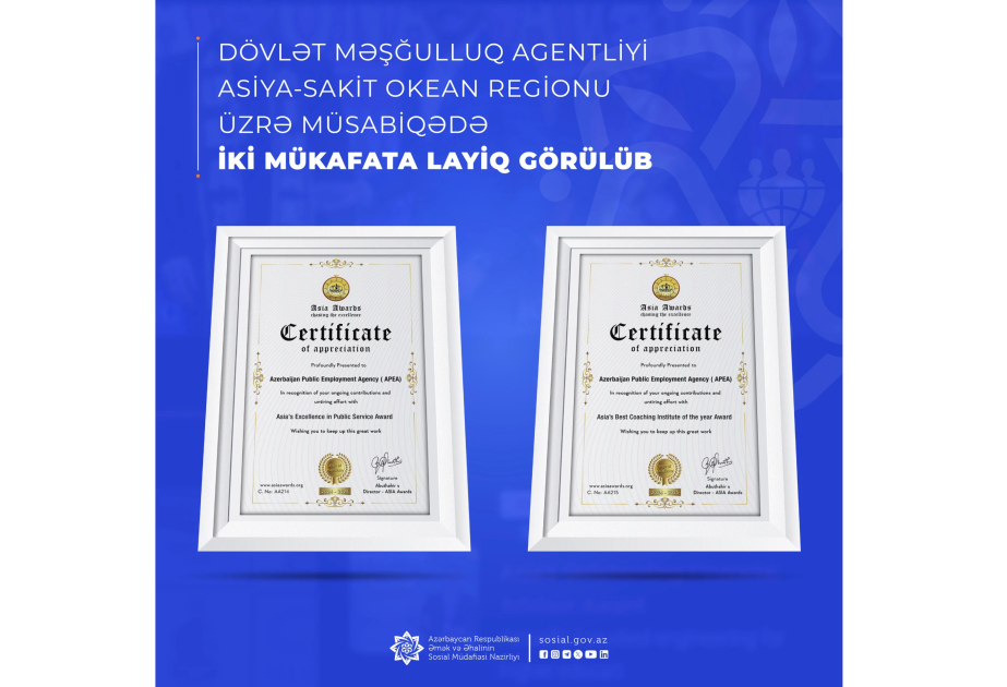 Dövlət Məşğulluq Agentliyi beynəlxalq müsabiqədə mükafatlandırılıb