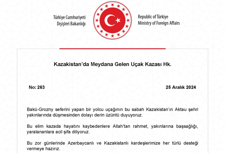 Türkiyə XİN: Azərbaycanlı və qazaxıstanlı qardaşlarımıza hər cür dəstəyi verməyə hazırıq