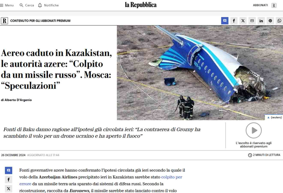 Итальянские медиа пишут о крушении самолета AZAL в результате вмешательства извне