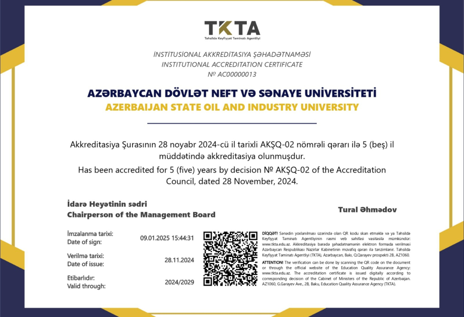 Təhsildə Keyfiyyət Təminatı Agentliyi ADNSU-ya akkreditasiya şəhadətnaməsi təqdim edib