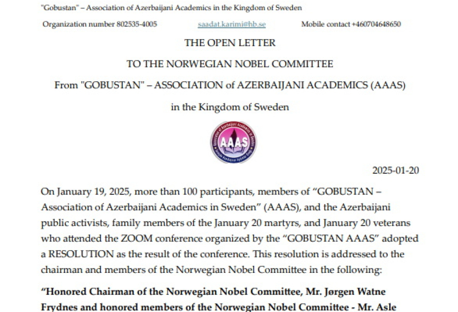 Resolution on 20 January tragedy addressed to Norwegian Nobel Committee