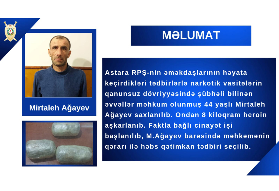 Astarada saxlanılan narkokuryerdən 8 kiloqram heroin aşkarlanıb