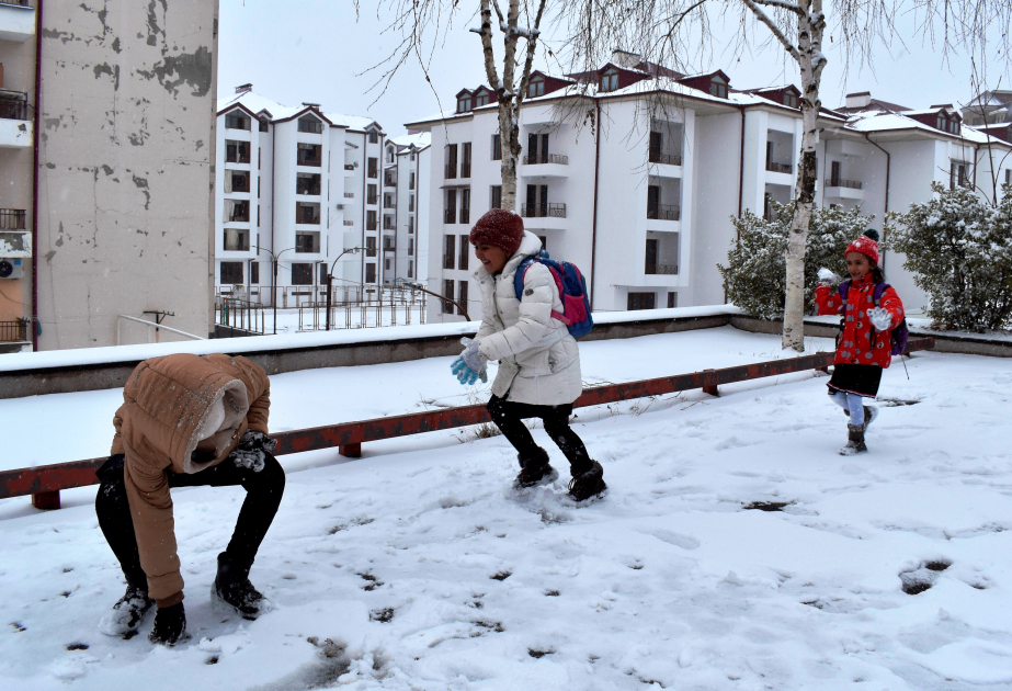 汉肯德的孩子们和学生享受雪景