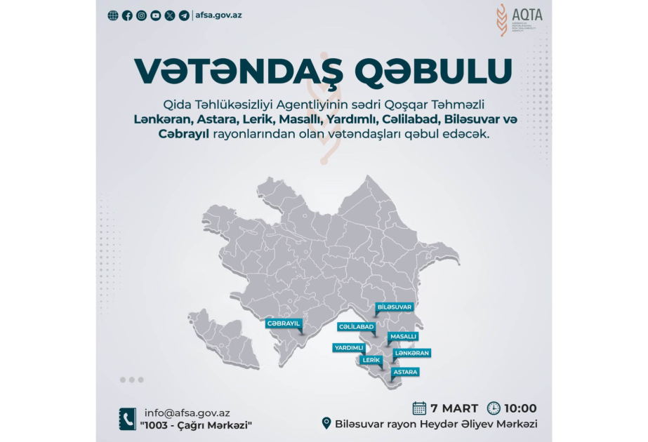 AQTA sədri Biləsuvarda vətəndaşların müraciətlərini dinləyəcək