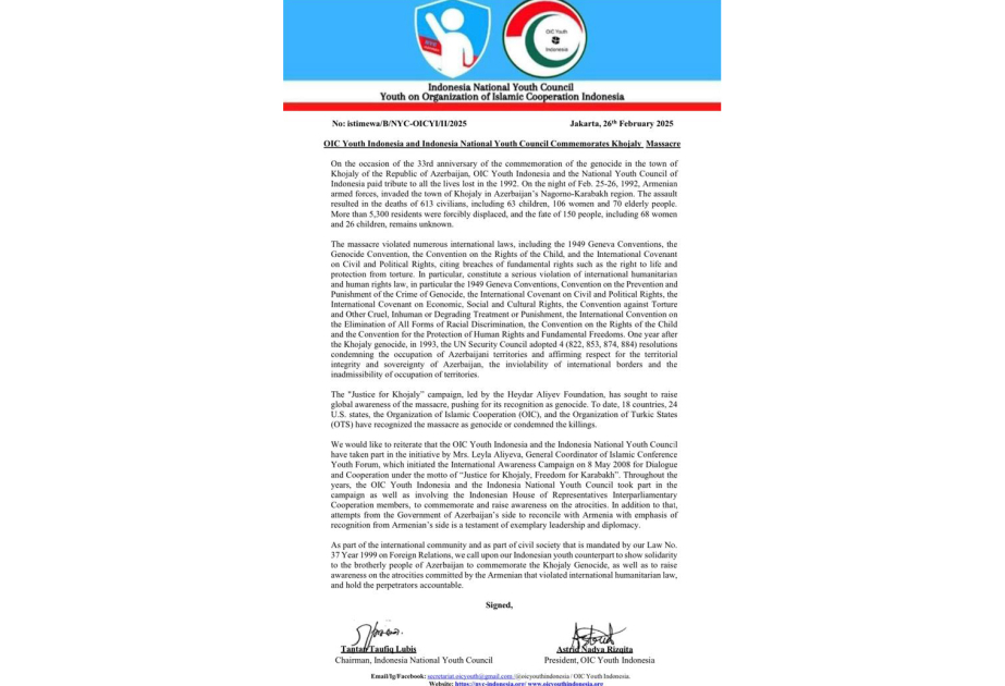 İndoneziya gəncləri Xocalı faciəsi ilə bağlı bəyanat yayıblar