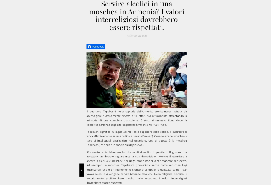 İtaliya mətbuatında İrəvanda dağıdılmış Təpəbaşı məscidi haqqında məqalə dərc olunub