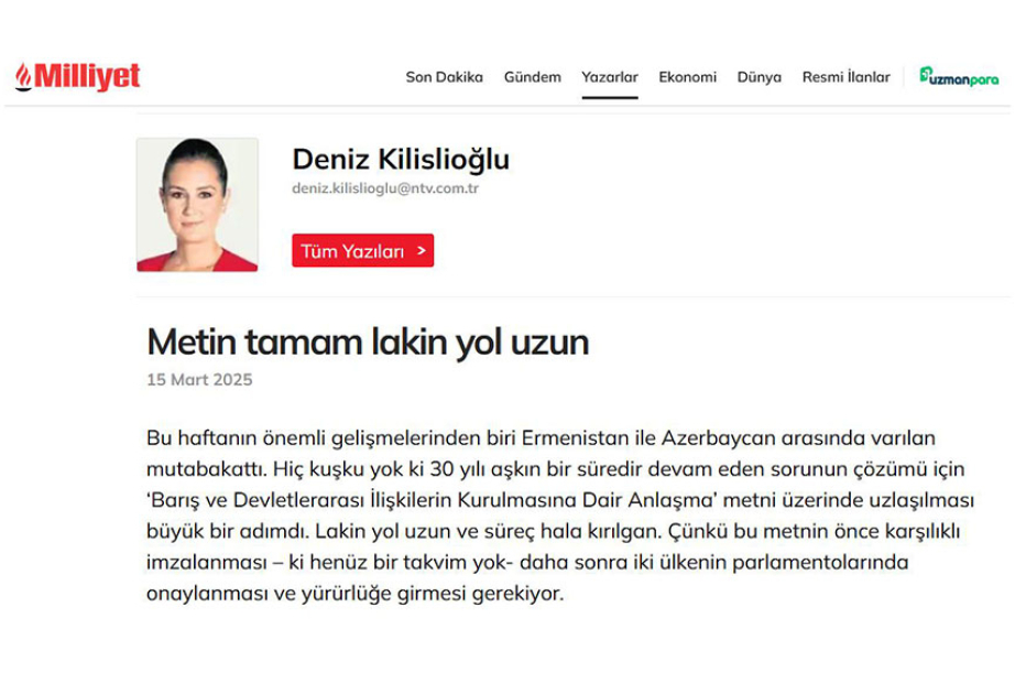 Газета Milliyet: Завершение переговоров по проекту мирного соглашения между Азербайджаном и Арменией - начало длинного пути