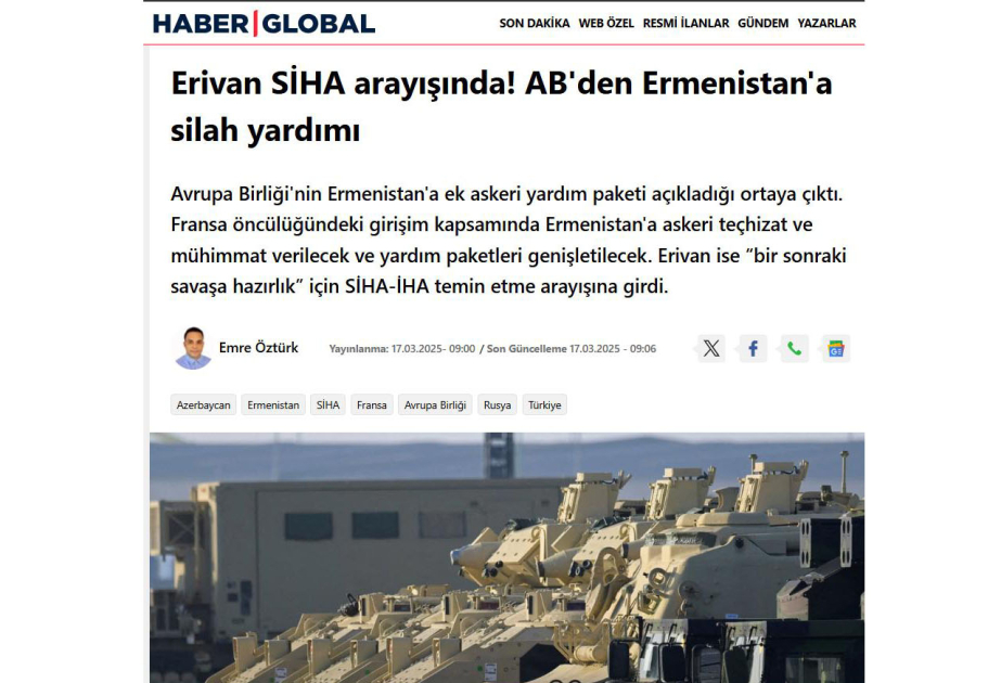 “Haber Global”: Ermənistana hərbi yardımı artıran Aİ öz siyasətinin ziddinə hərəkət edir