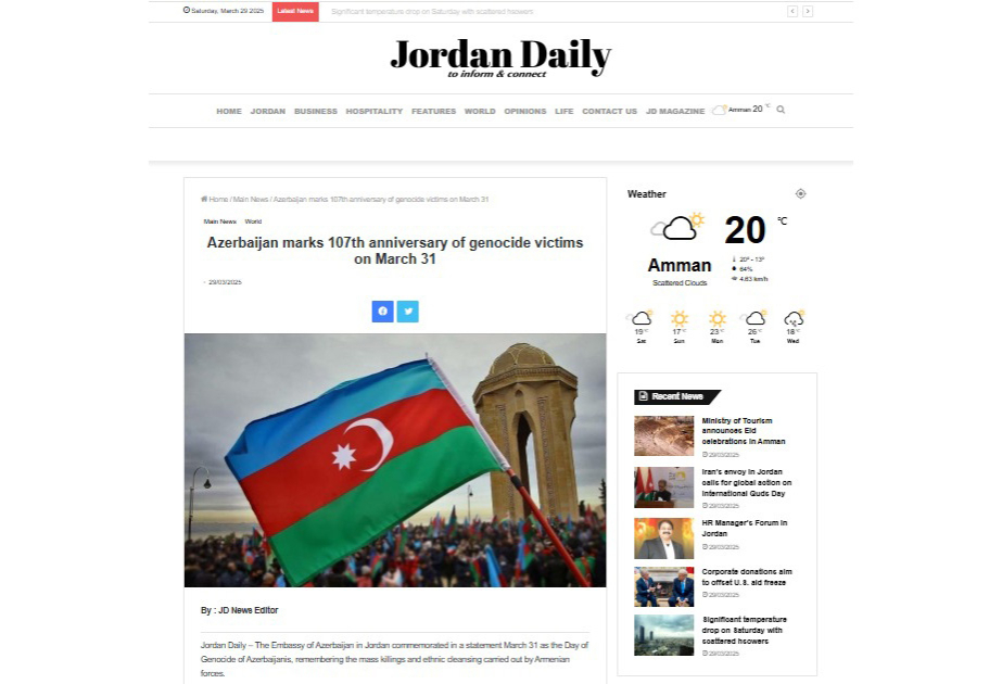 İordaniya mətbuatında Azərbaycanlıların Soyqırımı Günü haqqında məqalə nəşr olunub