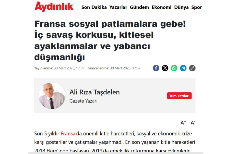 “Aydınlık” qəzeti: Vətəndaş müharibəsi qorxusu, kütləvi etirazlar və ksenofobiya müasir Fransanın reallığıdır