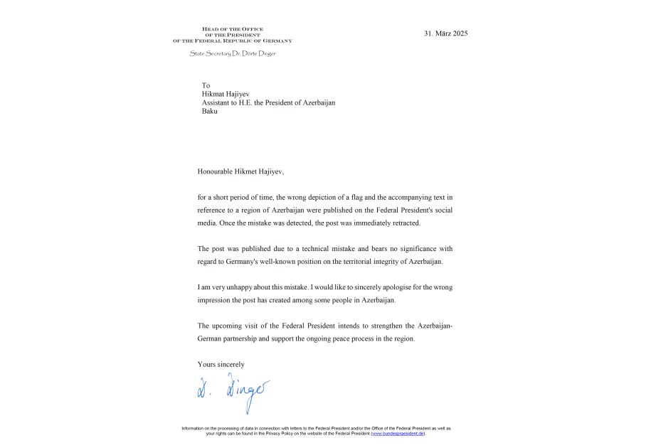 The Office of the President of the Federal Republic of Germany offers apologies to Azerbaijani side regarding post published on Federal President’s social media