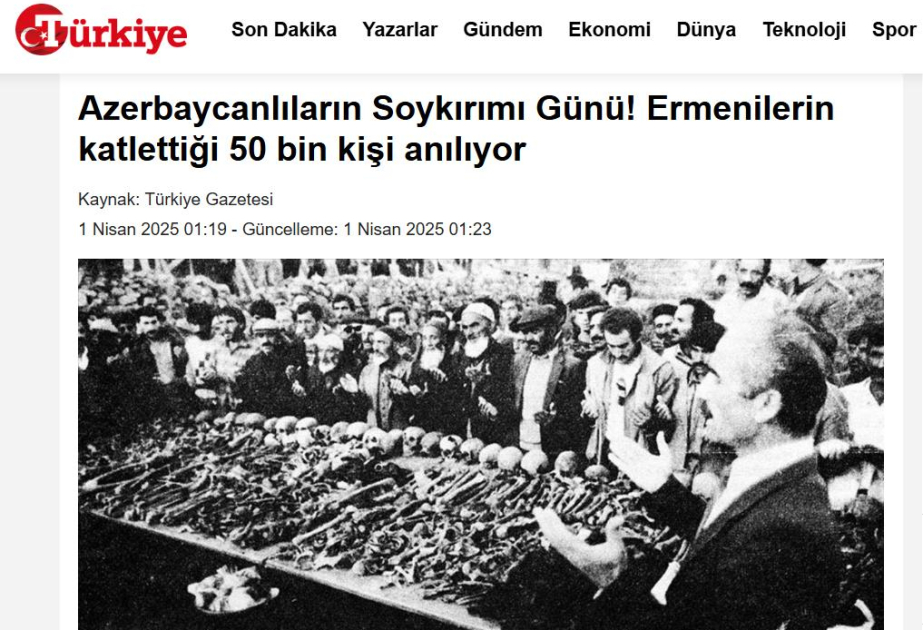 Газета Türkiye: В Азербайджане почтена память десятков тысяч жертв учиненного армянами геноцида