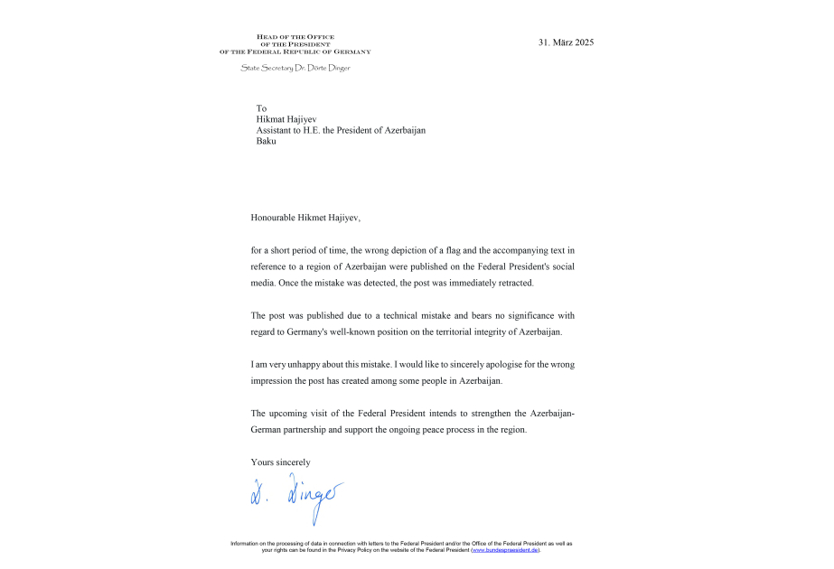 Le cabinet de président d’Allemagne présente ses excuses à la partie azerbaïdjanaise concernant la publication diffusée sur les réseaux sociaux du président allemand