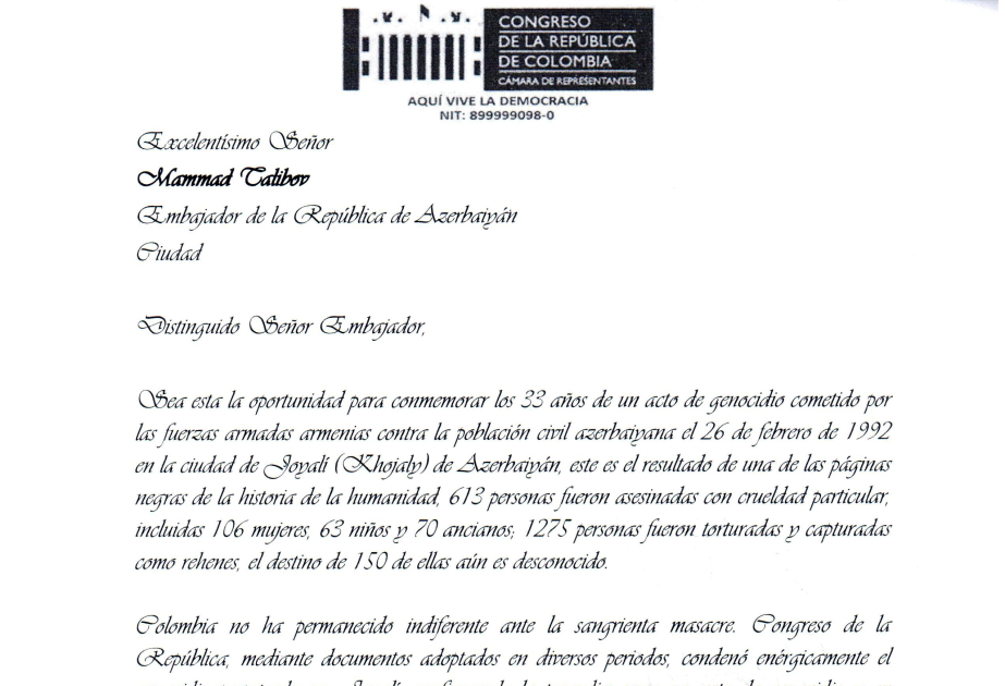 Congresistas colombianos: Esperamos asegurar el retorno de los originarios de Azerbaiyán Occidental a sus tierras ancestrales en el futuro cercano