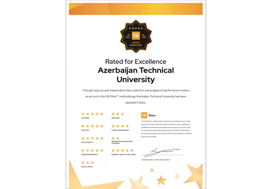 Azərbaycan Texniki Universiteti “QS Stars” beynəlxalq reytinq sistemində 5 ulduz ilə qiymətləndirilib