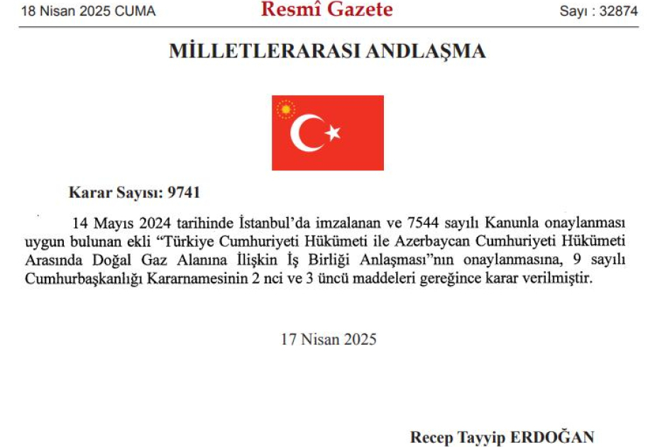 Türkiyə hökuməti Azərbaycanla qaz Sazişini təsdiq edib