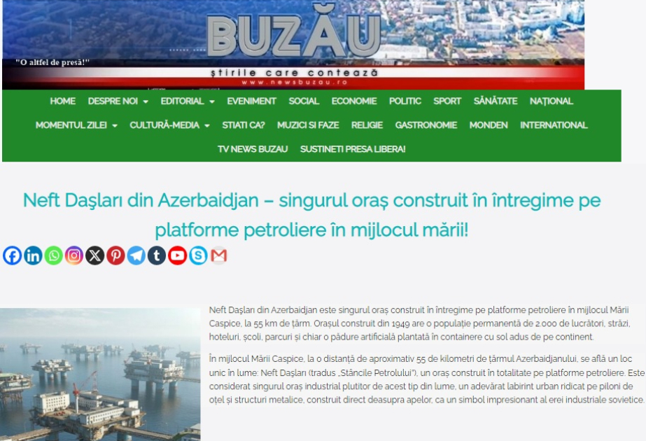 Rumıniya qəzeti Neft Daşları barədə geniş yazı dərc edib