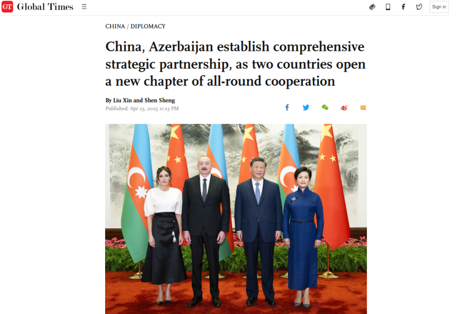 “Global Times”: Azərbaycan və Çin arasında hərtərəfli strateji tərəfdaşlığın yaradılması təbii irəliləyişdir