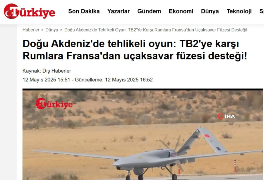 “Türkiye” qəzeti: Fransa Şərqi Aralıq dənizində Türkiyənin mövcudluğunu təhdid edir