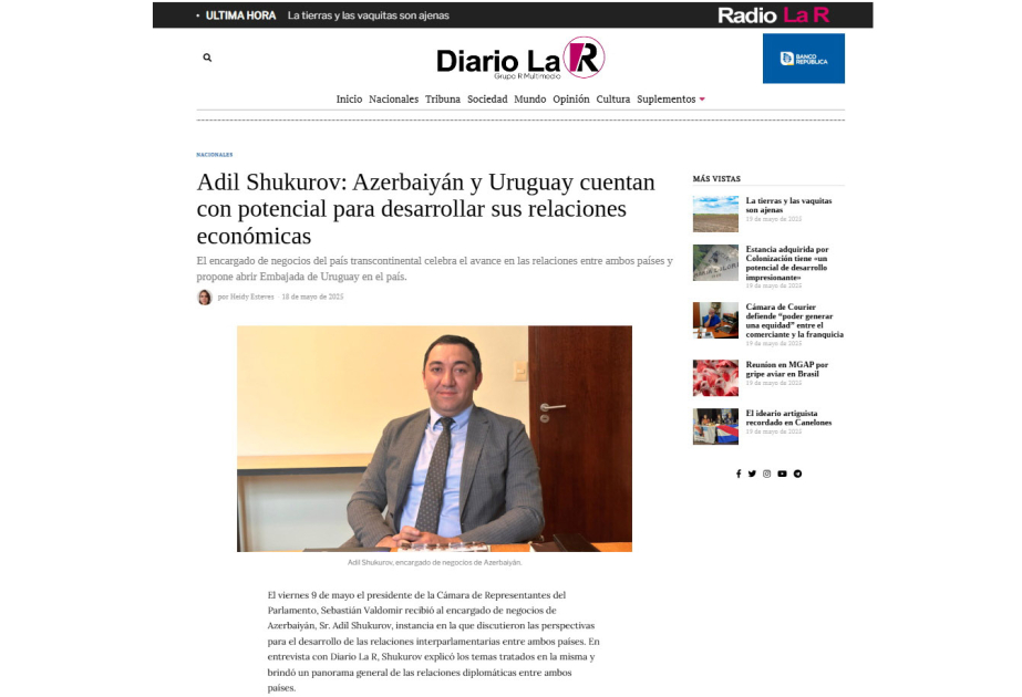 Medio uruguayo destaca las relaciones bilaterales entre Uruguay y Azerbaiyán