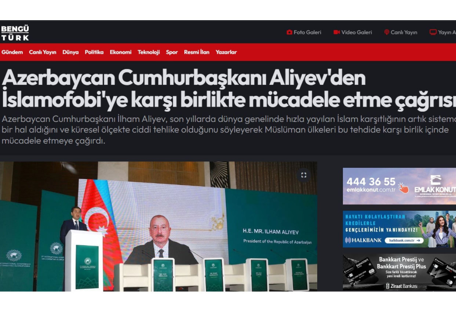 Türkiyə mediası: Prezident İlham Əliyev islamofobiya ilə mübarizədə səyləri birləşdirməyə çağırıb