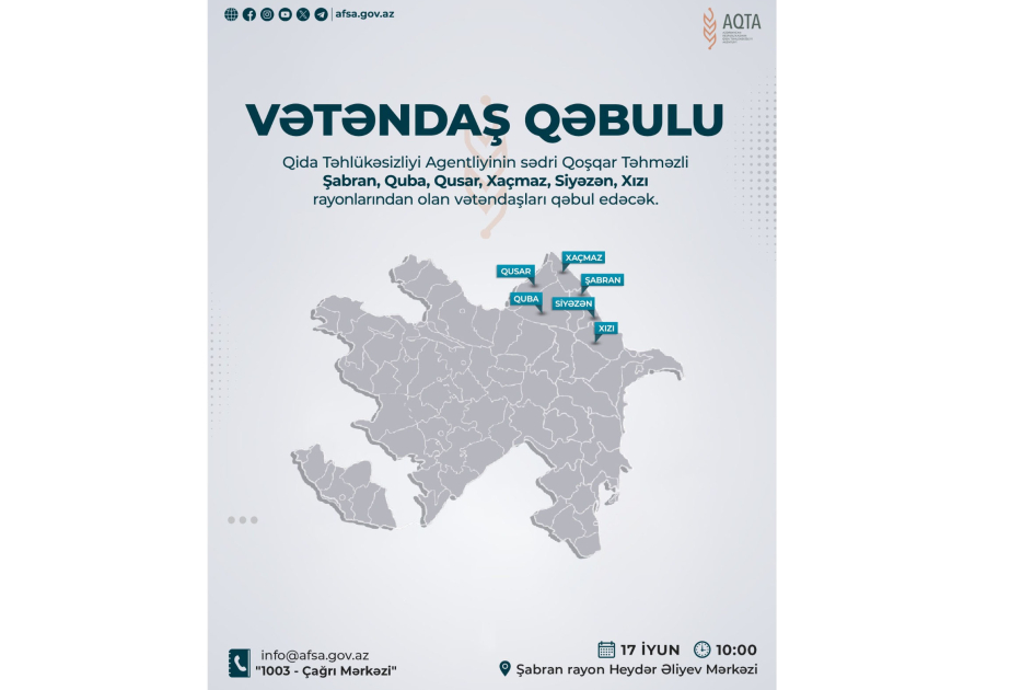 AQTA sədri Şabranda vətəndaşların müraciətlərini dinləyəcək