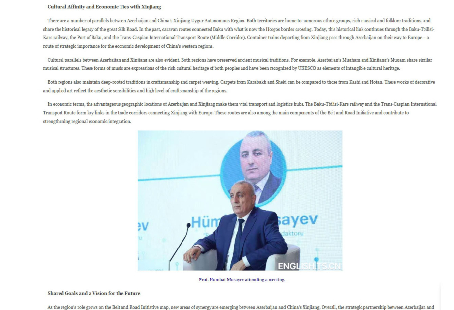 Hümbət Musayev: Azərbaycan-Çin əməkdaşlığı qarşılıqlı hörmət və tərəqqiyə əsaslanan birgə fəaliyyət modelidir