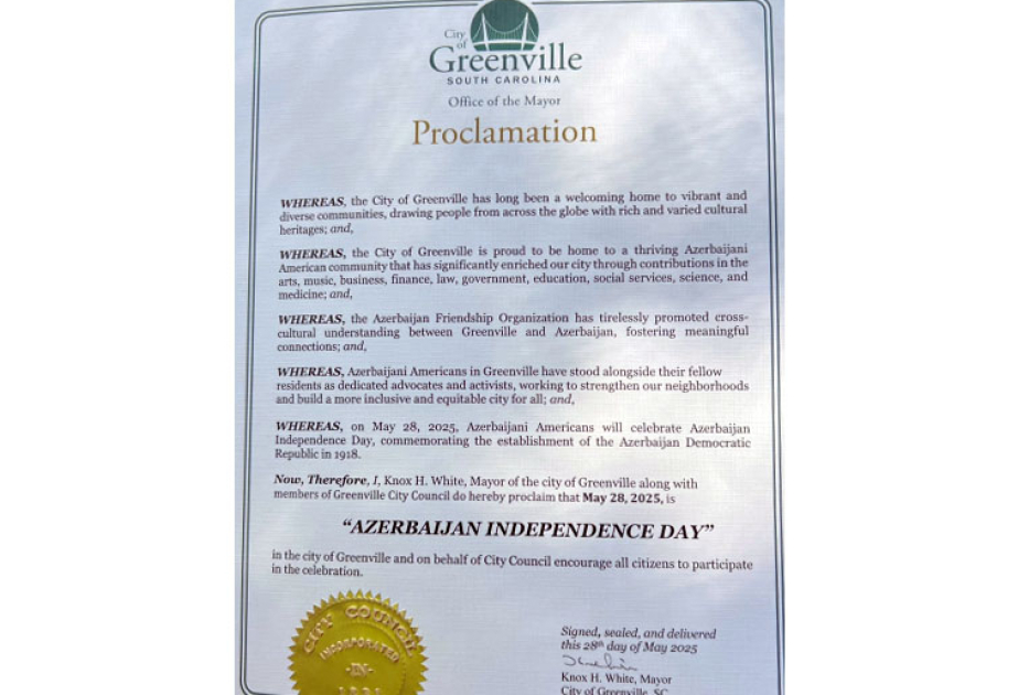 South Carolina City of Greenville proclaims May 28 as Azerbaijan Independence Day