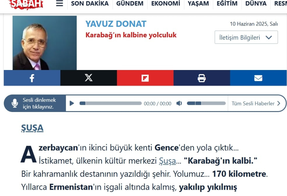 “Sabah” qəzeti oxucularına “Qarabağın ürəyi” barədə məlumat verib